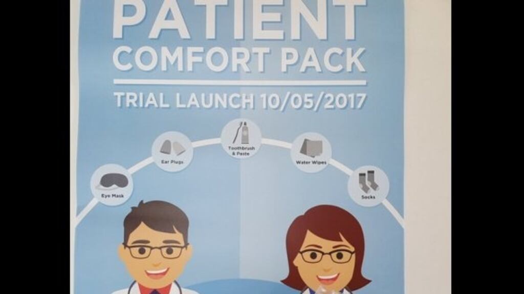 The trial ‘comfort pack’ sees eye masks, ear plugs, a toothbrush and paste, water wipes and socks being given to patients waiting in the emergency department of St Vincent’s hospital