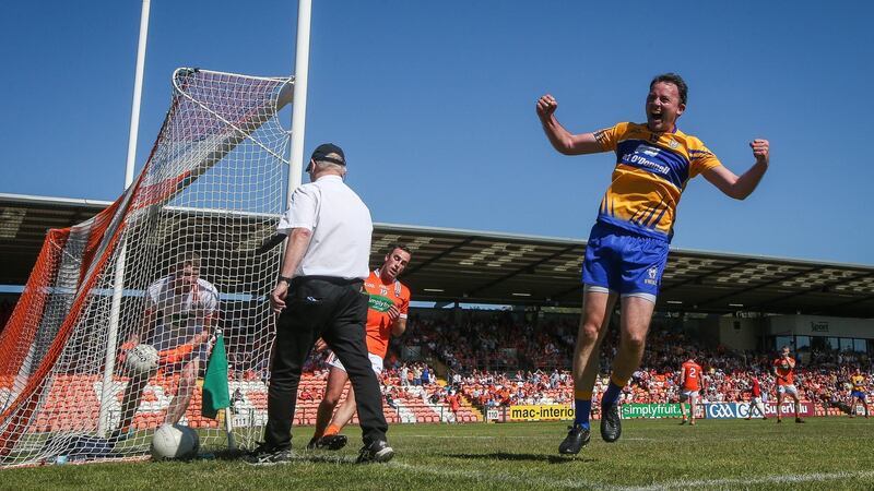 Clare’s David Tubridy converts a penalty at the second attempt during the All-Ireland Senior Football Championship qualifier against Armagh at the Athletic Grounds in Armagh. Photograph: Ryan Byrne/Inpho