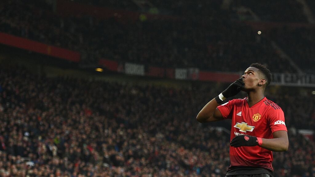 Manchester United’s Paul Pogba celebrates scoring from the penalty spot during the Premier League game against Brighton at Old Trafford. Photograph: Oli Scarff/AFP/Getty Images