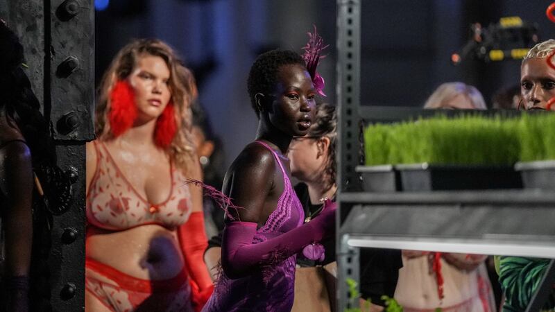 Models rehearse on the stage before the Savage X Fenty event in New York City. Photograph: Jeenah Moon/Reuters