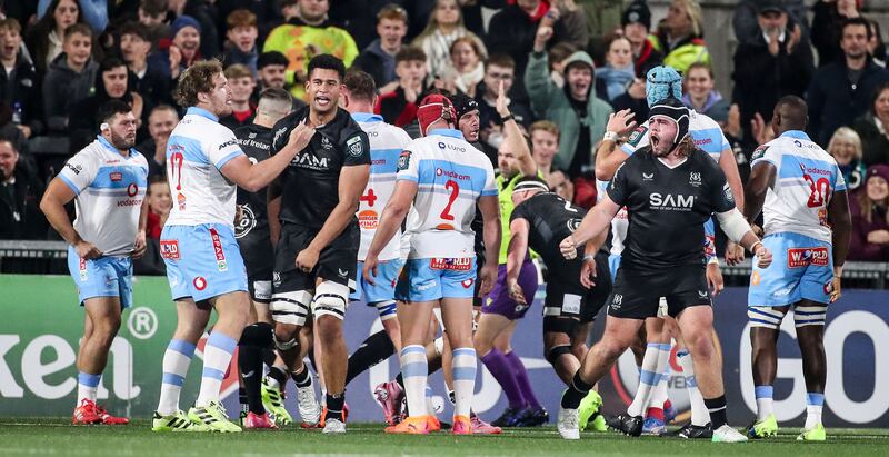 Ulster's Cormac Izuchukwu and Callum Reid celebrate after Juarno Augustus scores a try in Saturday's URC match against the Bulls at Affidea Stadium, Belfast. Photograph: Nick Elliott/Inpho