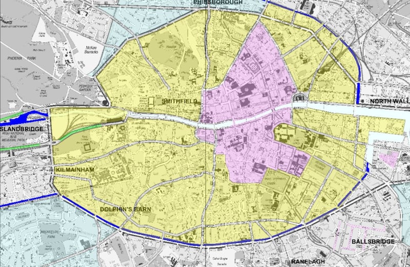 A map showing the proposed expansion of the 30km/h zone. The areas in pink already have a 30km/h limit and the area in yellow shows the expanded area where this limit will apply from April 1st.