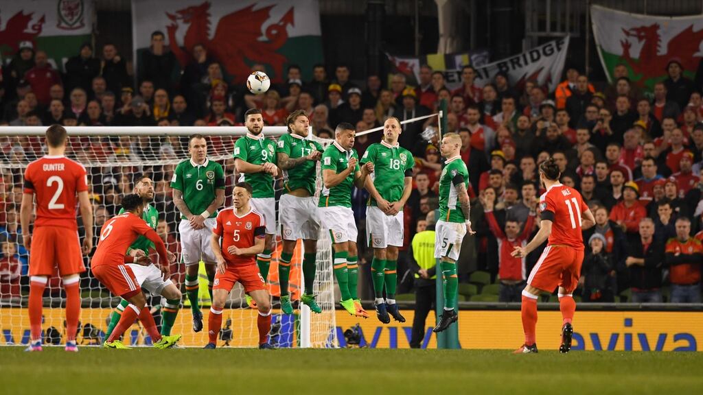 Gareth Bale of Wales shoots from a free kick during the 2018 World Cup Qualifier between Ireland and Wales at the Aviva Stadium. Photo: Stu Forster/Getty Images