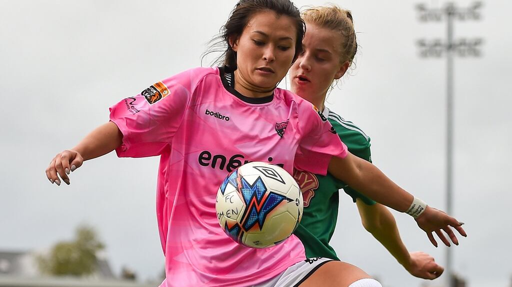 McKenna Davidson of Wexford Youths in action against Christina Dring of Cork City FC at Turner’s Cross in Cork. Photograph: Seb Daly/Sportsfile