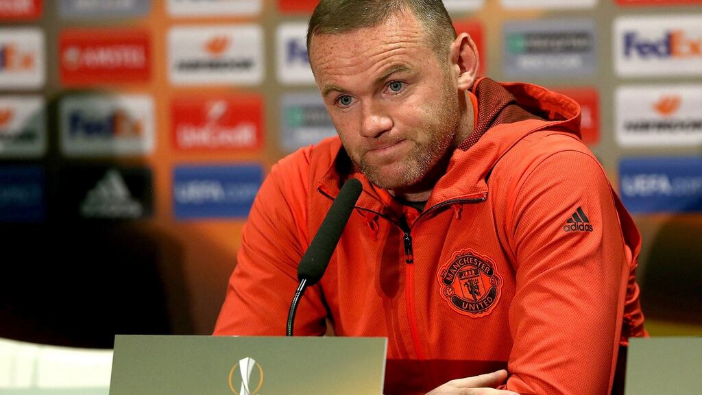 Wayne Rooney speaks to media during a press conference ahead of Thursday’s Europa League semi-final second leg against Celta Vigo at Old Trafford. Photograph: Nigel Roddis/EPA