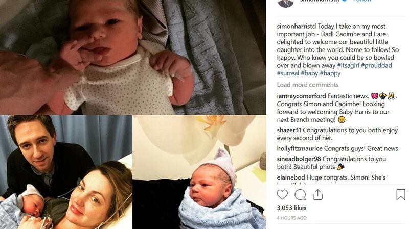 Rocking dad’s world: Screengrab of Simon Harris’s  Instagram page, featuring the Minister with his wife Caoimhe and their new baby, Saoirse.  Photograph: Simon Harris/PA Wire