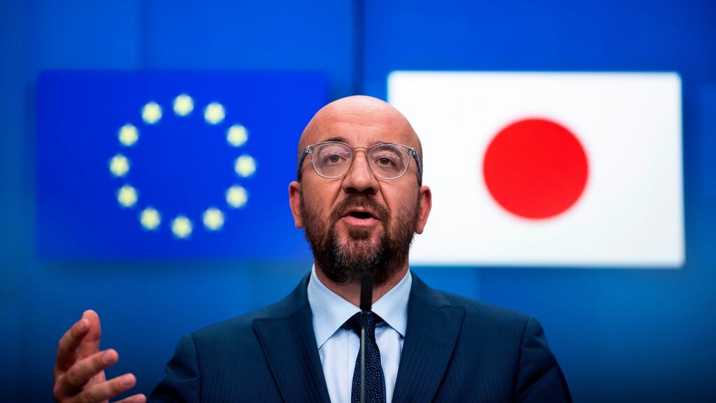 European Council president Charles Michel during following an EU-Japan videoconference summit at the European Council headquarters in Brussels, on Tuesday. Photograph: Francisco Seco/AFP via Getty Images