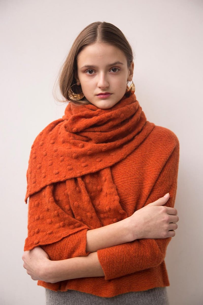 Herringbone sweater, €475, Clothes Peg, Sutton and Atrium, Powerscourt Centre. Polka big scarf €300 from Granny’s Bottom Drawer, Kinsale and Atrium. All by Ros Duke.