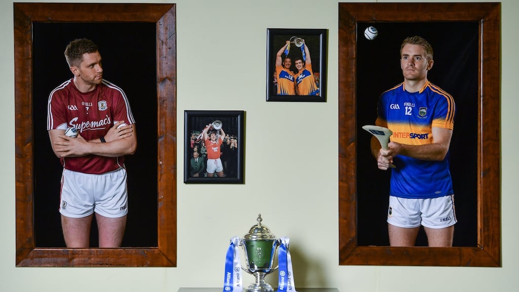 Galway’s Aidan Harte and Tipperary’s Noel McGrath at the Allianz Hurling League Division One final preview at Croke Park. Photograph: Ramsey Cardy/Sportsfile