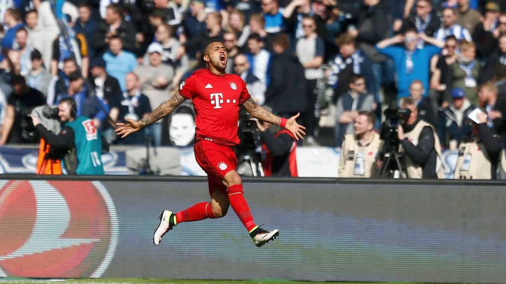 Bayern Munich’s Arturo Vidal celebrates scoring a goal in their Bundesliga win over Hertha Berlin at the Olympiastadion in Berlin. Photograph: Hannibal Hanschke/Reuters