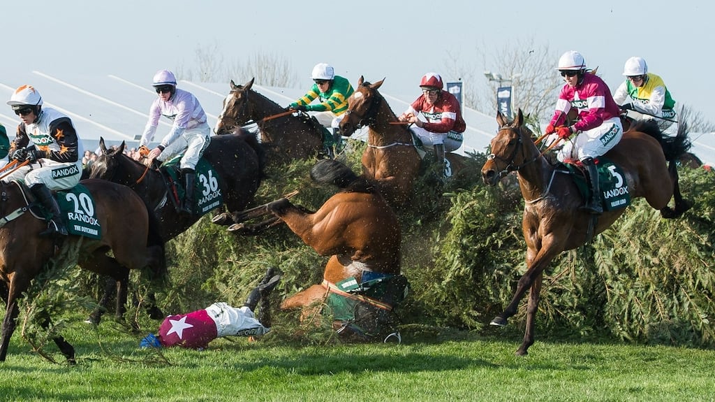 Alpha Des Obeaux and Rachael Blackmore fall at the Chair. Photograph: Peter Powell/EPA