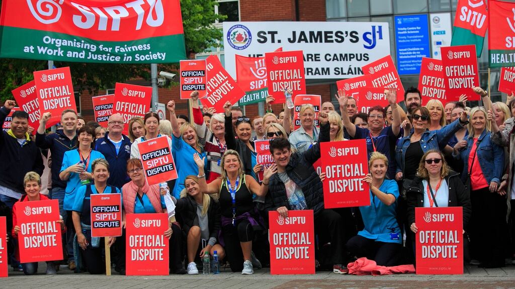 Health support staff during strike action at St James’s Hospital in Dublin city centre on Wednesday. Photograph: Gareth Chaney Collins