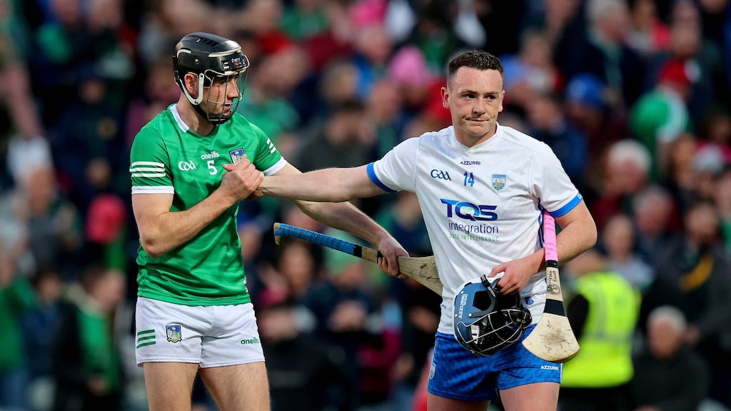 Limerick’s Diarmaid Byrnes and Waterford’s Stephen Bennett after Saturday’s Munster championship clash. Photograph: Ryan Byrne/Inpho