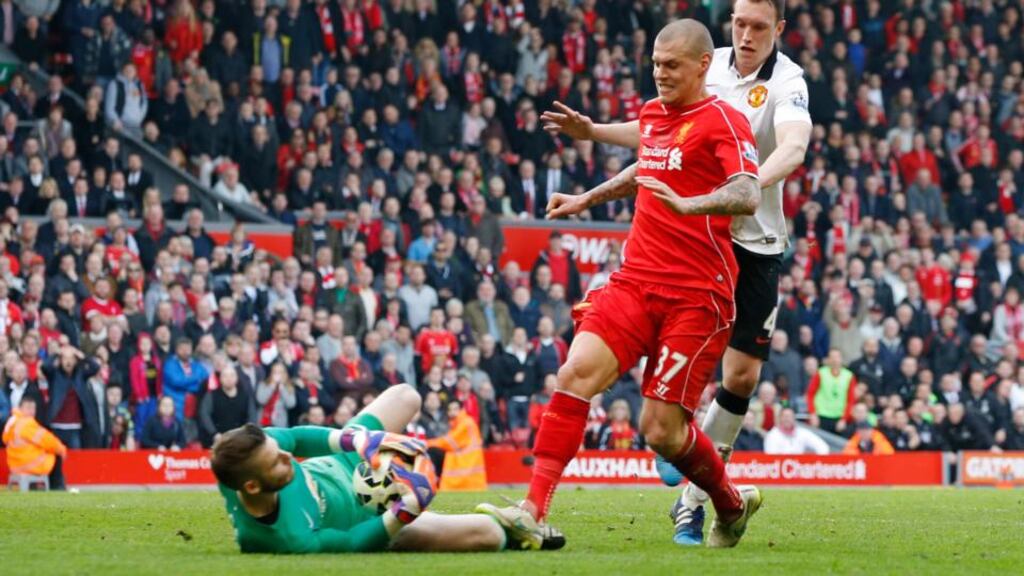 Martin Skrtel’s appeal against an FA violent conduct charge for stamping on Manchester United ’keeper David de Gea has been rejected. Photograph: Reuters