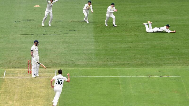 Ben Stokes looks on as he is caught out by Markus Labuschagne from the bowling of Pat Cummins. Photo: Dave Hunt/EPA
