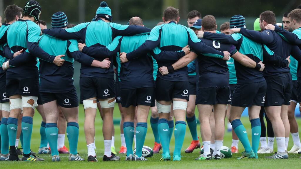 The Ireland team huddle at Carton House. Photograph: Billy Stickland/Inpho