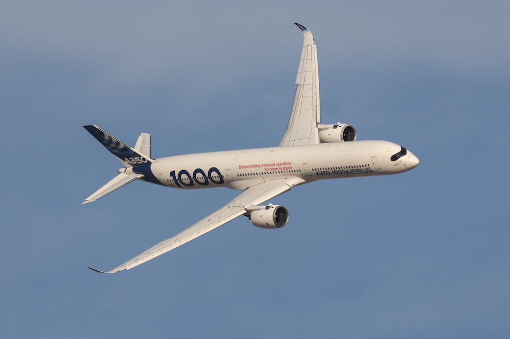 An Airbus SE A350-1000 XWB passenger aircraft. Shares in Airbus tumbled on Tuesday after the world’s biggest plane maker cut its annual profit forecast as its supply chain disruptions worsened and it took a charge tied to its space business. Photograph: Christopher Pike/Bloomberg