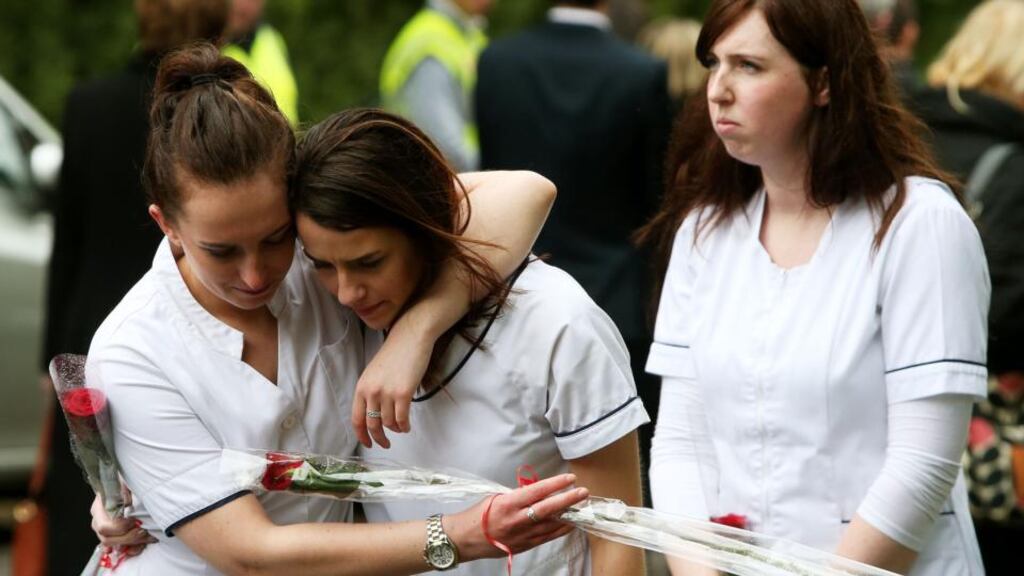 Nurses from Karen Buckley’s University of Limerick graduation year at the Church of St Michael the Archangel, Analeentha, Co Cork, following her funeral mass. Photograph: Brian Lawless/PA