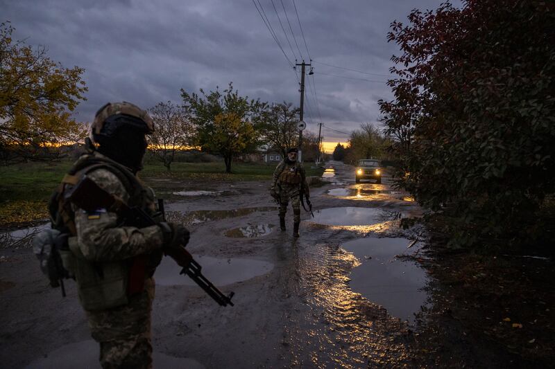 Ukrainian soldiers on a reconnaissance mission in Kherson last month. Photograph: Ivor Prickett/New York Times