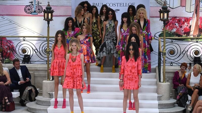 Models present creations by Paul Costelloe during London Fashion Week. Photograph: Neill Hall/EPA