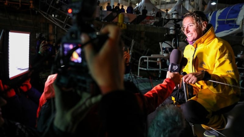 The Turn the Tide on Plastic crew speak to the media after arriving in Cape Town. Photo: Ainhoa Sanchez/Volvo Ocean Race