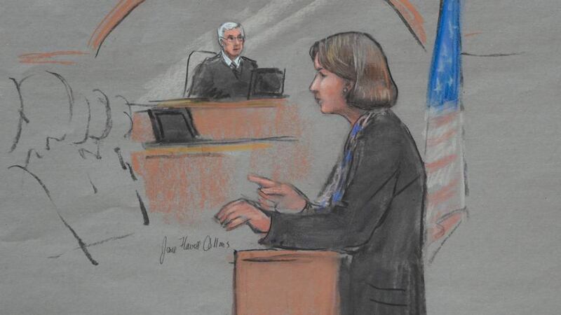 An artist’s sketch of defence attorney Judy Clarke delivering the opening statement in the John Joseph Moakley Federal Courthouse in Boston, US, on the opening day of the trial of suspected Boston Marathon Bomber Dzhokhar Tsarnaev. Illustration: Jane Falvell Collins/EPA