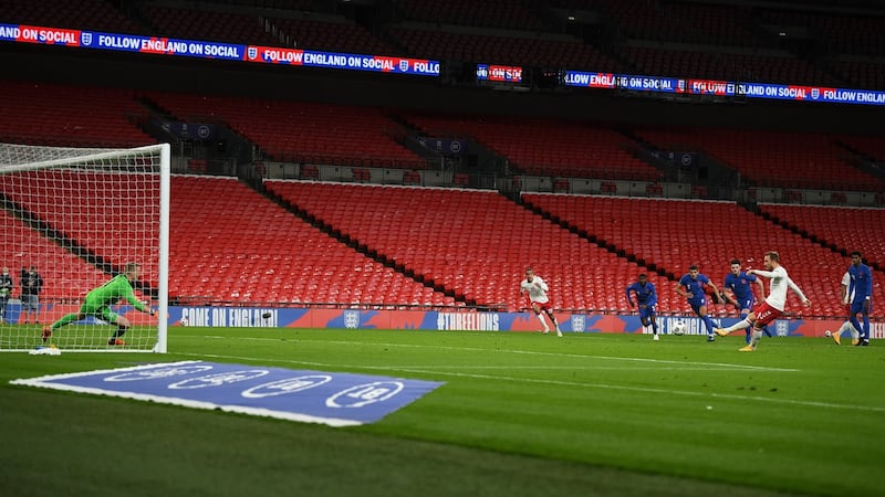 Christian Eriksen opens the scoring for Denmark from the penalty spot against England. Photograph: Daniel Leal Olivas/EPA