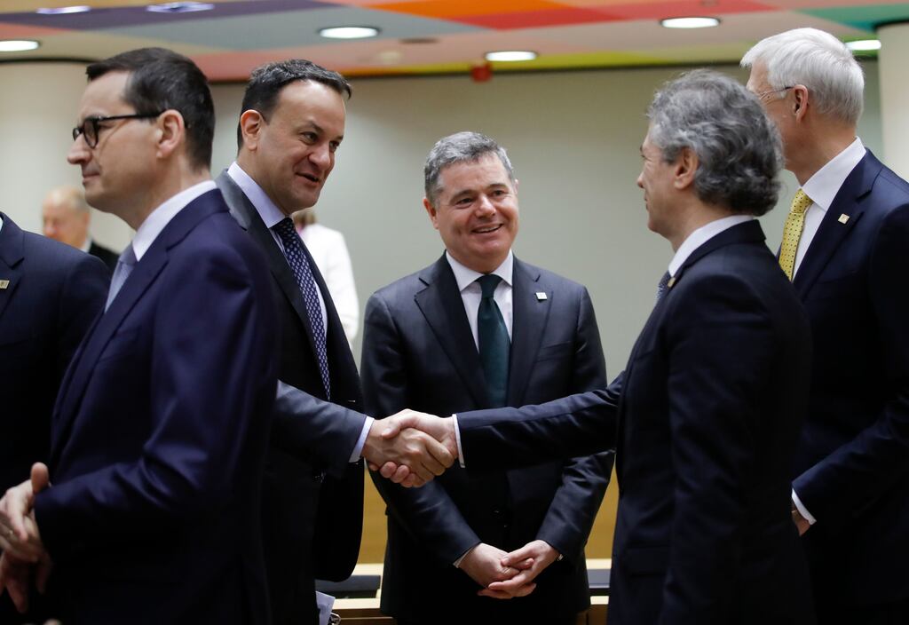 Polish prime minister Mateusz Morawiecki, Taoiseach Leo Varadkar, Eurogroup president Paschal Donohoe and Slovenian prime minister Robert Golob at an EU summit in Brussels. Photograph: Olivier Hoslet/Shutterstock