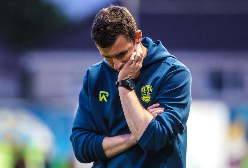 Cork City manager Gerard Nash dejected after their 2-1 defeat to Galway United. Photograph: Bryan Keane/Inpho