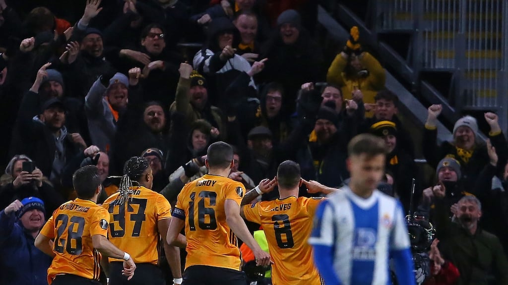 Wolves celebrate Ruben Neves’ goal against Espanyol. Photograph: Geoff Caddick/Getty/AFP
