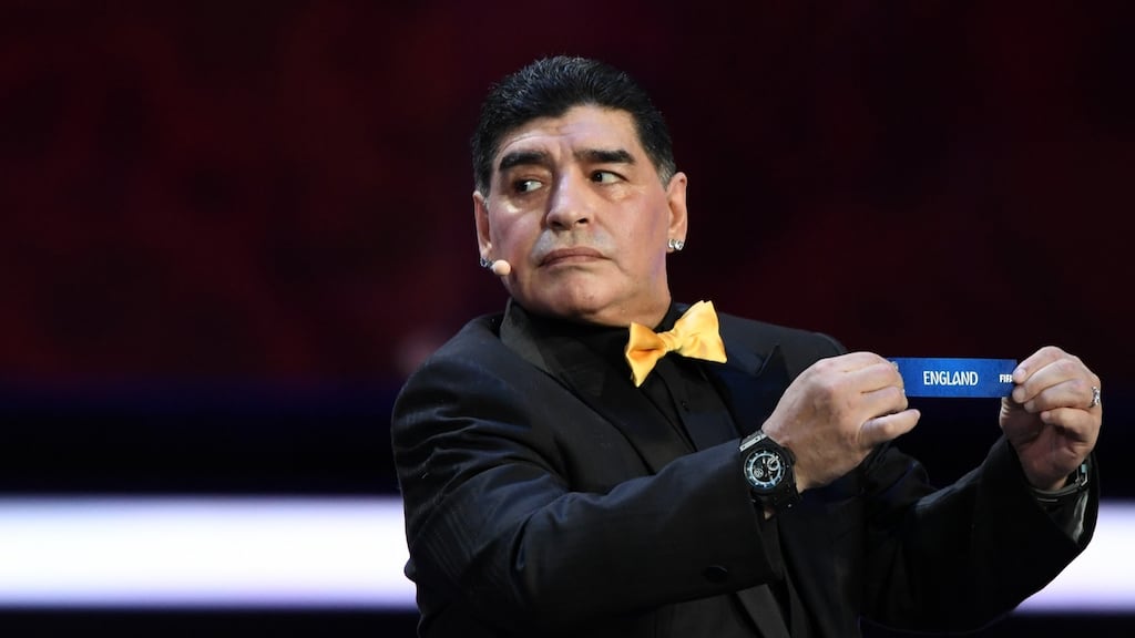 Argentina’s former midfielder Diego Maradona draws out England during the World Cup final draw in Moscow. Photograph: Getty Images