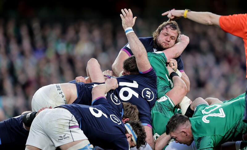 Scotland's Pierre Schoeman in action against Ireland during the Six Nations clash at the Aviva Stadium last season. Photograph: Laszlo Geczo/Inpho