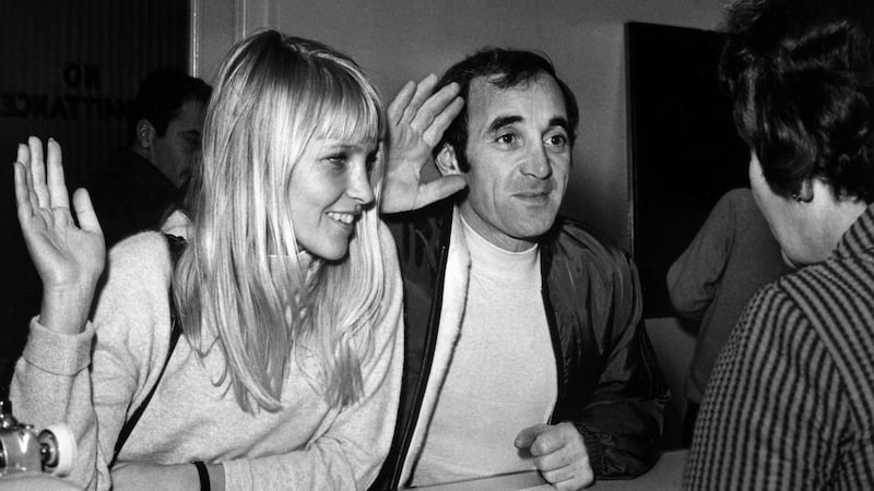 Charles Aznavour and Swedish model Ulla Thorssel swear in during their wedding ceremony in Las Vegas in 1967. Photograph: AFP/Getty Images