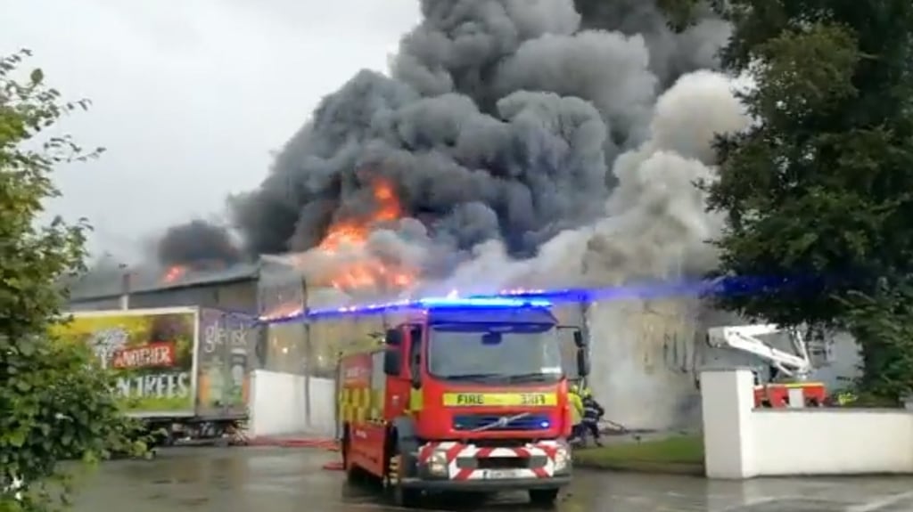 Emergency services at the scene of the Glenisk factory blaze in Killeigh, Co Offaly. File photograph: Midlands 103