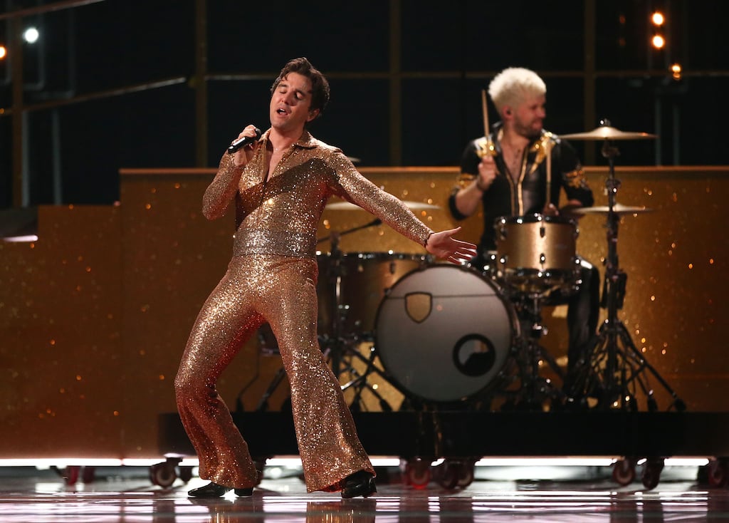 Ireland's Eurovision 2023 entry Wild Youth during rehearsal on Monday at the M&S Bank Arena in Liverpool. Photograph: Adam Vaughan/EPA