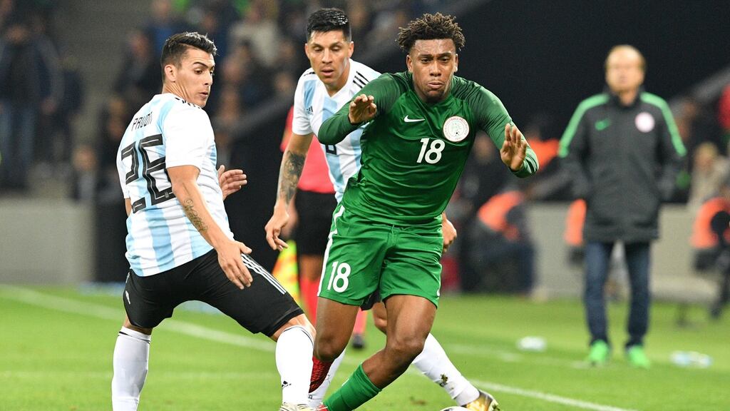 Alex Iwobi in action for Nigeria against Argentina. Photograph: Mladen Antonov/AFP/Getty