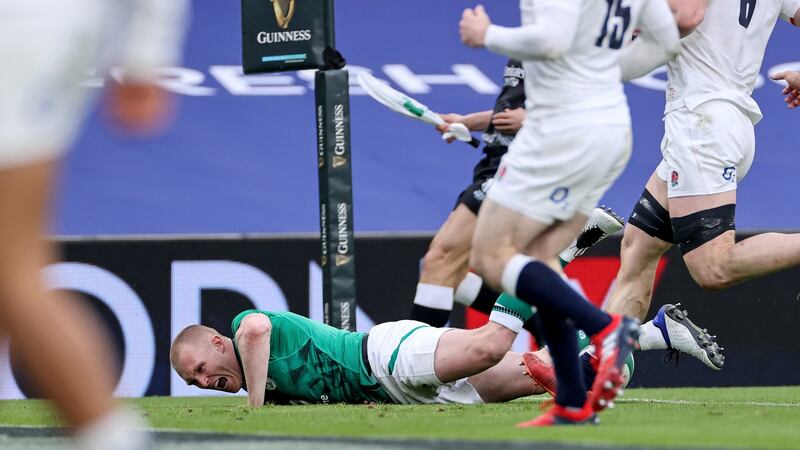 Ireland’s Keith Earls scores a try during the Six Nations win over England at the Aviva Stadium. Photo: James Crombie/Inpho