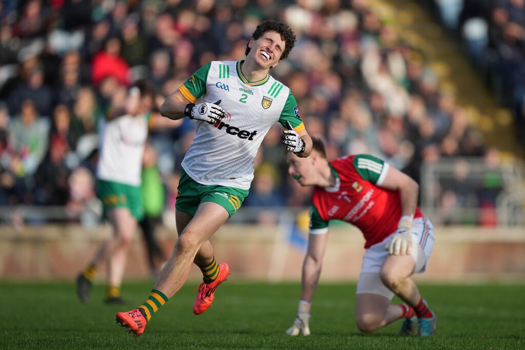 Finnbarr Roarty reacts to a missed goal chance during Donegal's final round game against Mayo. Photograph: James Lawlor/Inpho