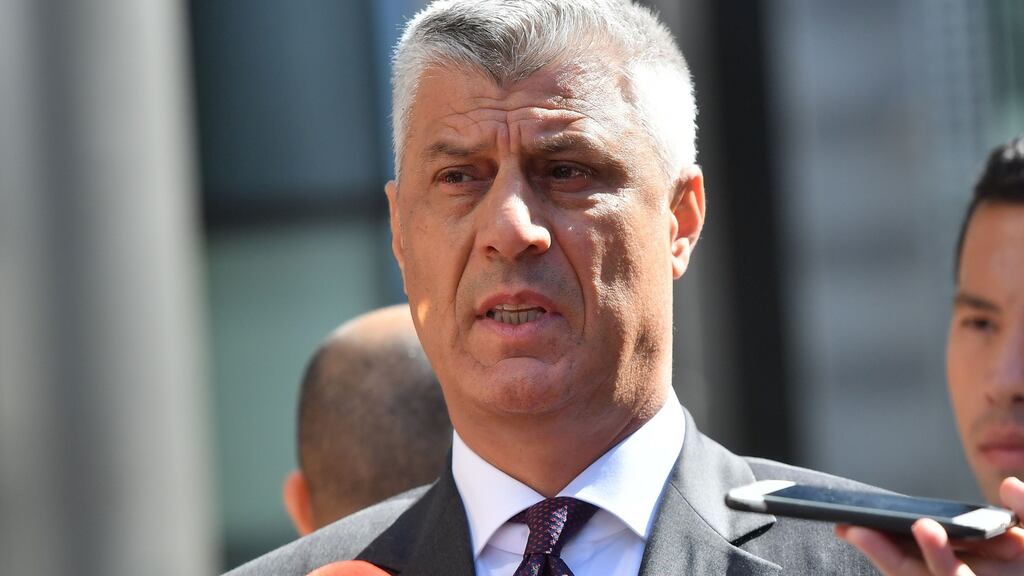 Kosovo’s president Hashim Thaci talks to the press after meeting with EU foreign policy chief Federica Mogherini in Brussels on Friday. Photograph: Emmanuel Dunand/AFP