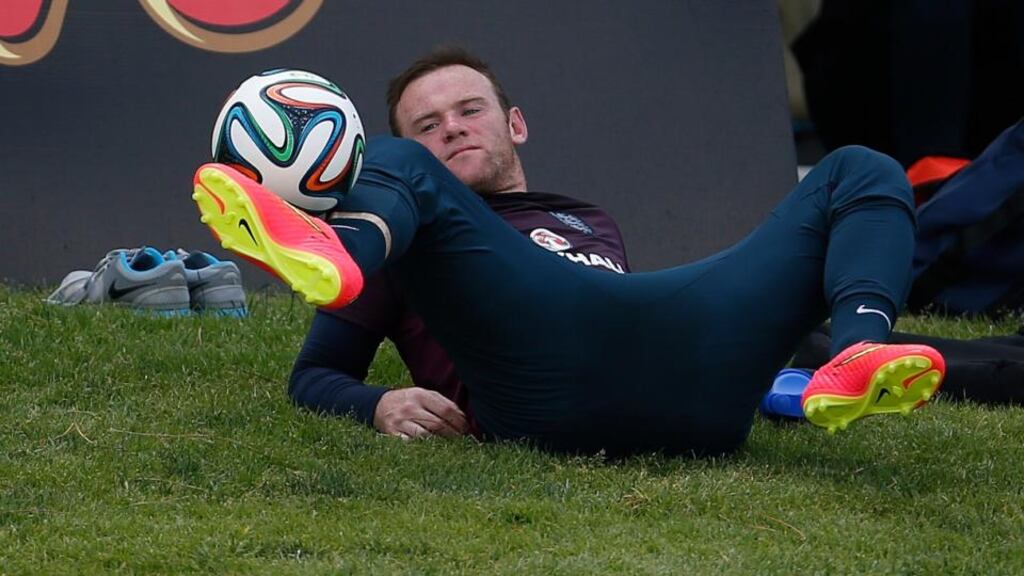 Wayne Rooney during England’s training session at their pre-World Cup camp on the Algarve in Portugal yesterday.