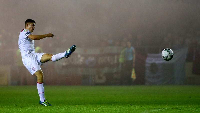 Oscar Brennan scores Shelbourne’s second goal during the SSE Airtricity League First Division game against Drogheda United at United Park. Photograph: James Crombie/Inpho