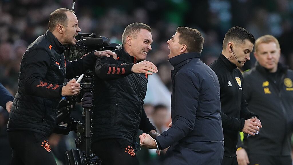 Steven Gerrads celebrates Rangers win at Parkhead. Photograph: Ian MacNicol/Getty