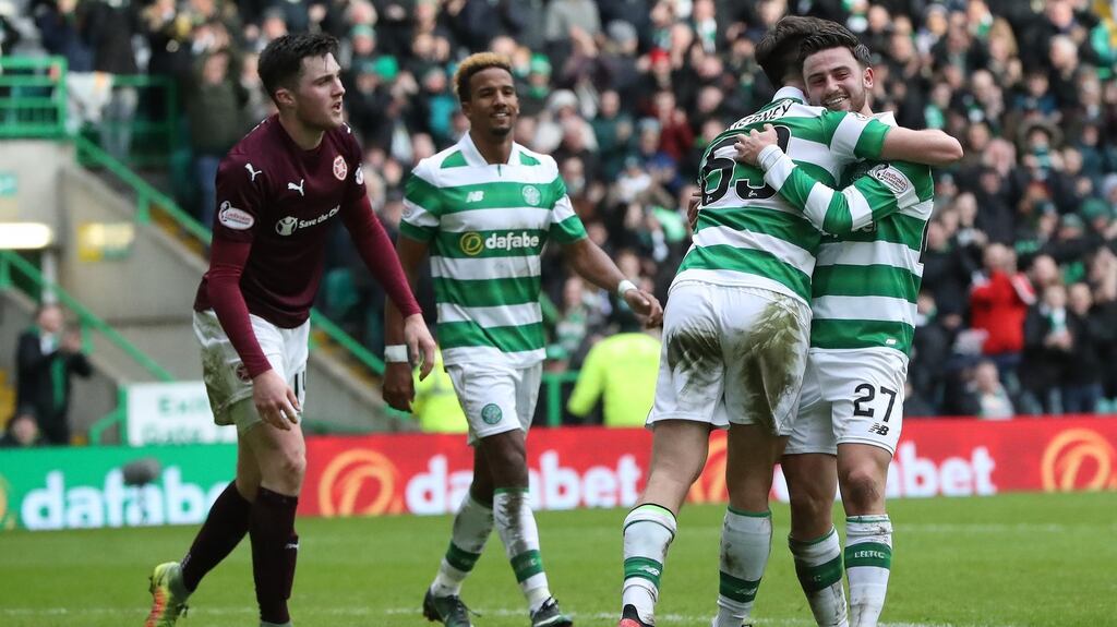 Patrick Roberts after scoring Celtic’s third goal against Hearts. Photograph: Getty Images