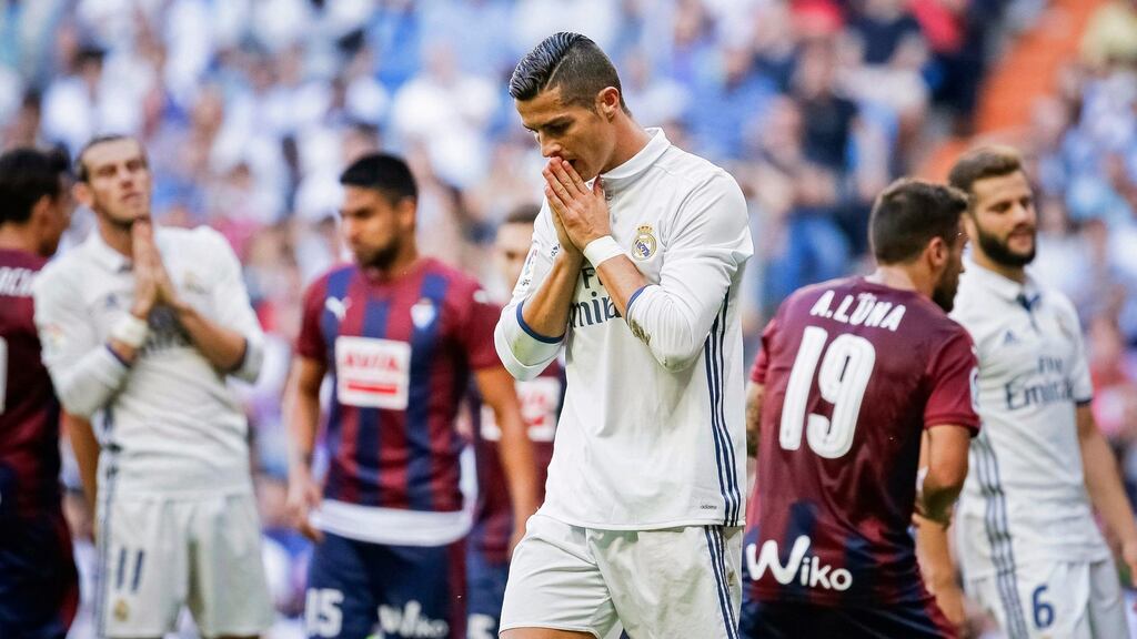 Cristiano Ronaldo’s Real Madrid drew a fourth consecutive game after they were held 1-1 by Eibar. Photograph: Epa