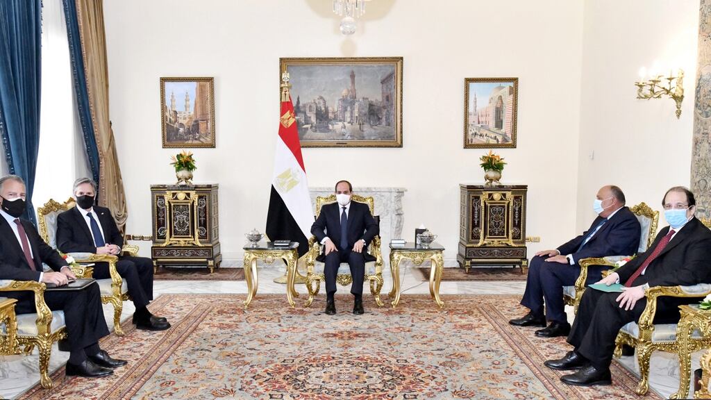 Egyptian president Abdel Fattah al-Sisi (centre) meeting with US secretary of state Anthony Blinken (second left) in Cairo on Wednesday. Photograph: Egyptian presidency/EPA