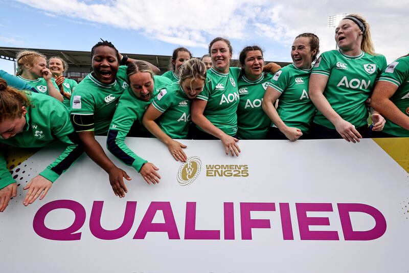 The Ireland players celebrate qualifying for the 2025 Women’s Rugby World Cup. Photograph: Ben Brady