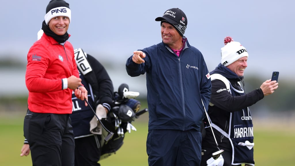 Pádraig Harrington of Ireland, his caddie Ronan Flood and Calum Hill during day three of the Alfred Dunhill Links Championship. Photo: Richard Heathcote/Getty Images