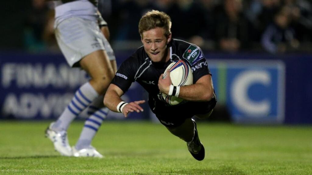 Connacht scrumhalf Kieran Marmion goes over for his side’s first try during the Heineken Cup clash against Saracens at The Sportsground in Galway. Photograph: James Crombie/Inpho