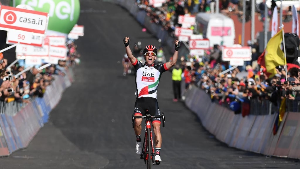 Jan Polanc celebrates his stage four win in the Giro D’Italia. Photograph: Allessandro Di Meo/Epa
