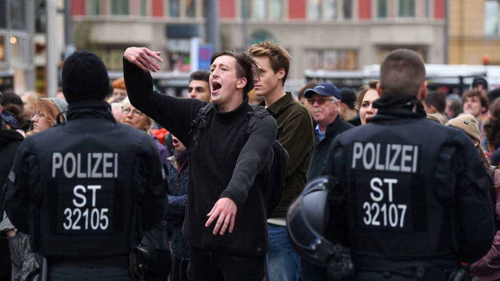 People protest against a far-right speaker in Halle two days after an attack targeting a Turkish restaurant after an attempt at a synagogue. Photograph: Hendrik Schmidt